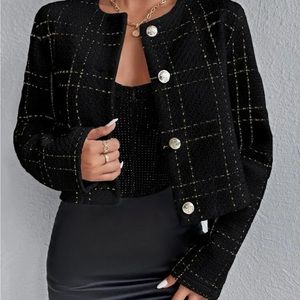Plaid Pattern Button Front Collarless Tweed Style Blazer Jacket